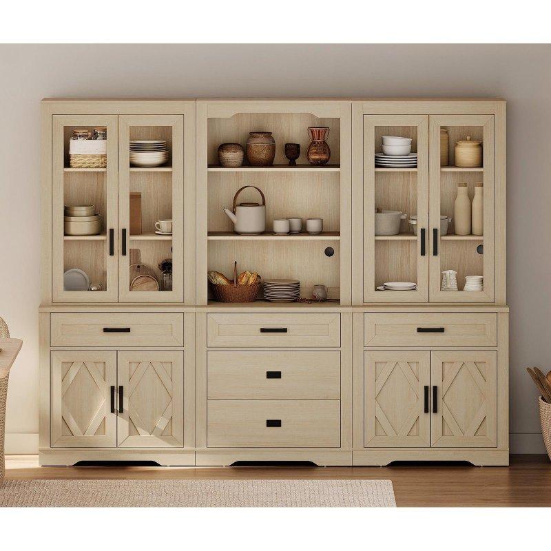 Bej MDF 3 Bölmeli Sürgülü Kapaklı ve Açık Raflı Cam Kapaklı Kitaplık - 241x40x186 cm - 239483