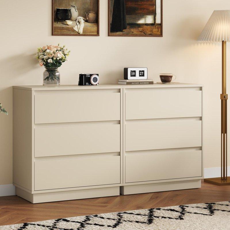 Bej MDF 3 Çekmeceli Kulpsuz 2li Set Şifonyer - 302735
