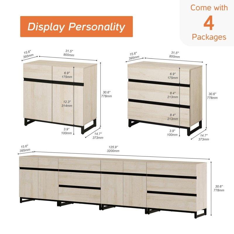 Bej MDF 6 Çekmeceli Metal Ayaklı Gizli Kulplu Şifonyer - 304381