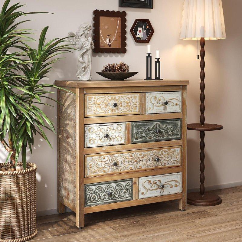 Bej MDF 6 Çekmeceli Oymalı Eskitme Tasarım Şifonyer - 65x32x81 cm - 304713