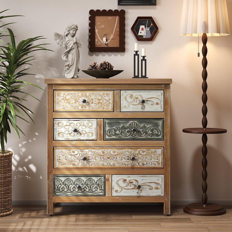 Bej MDF 6 Çekmeceli Oymalı Eskitme Tasarım Şifonyer - 65x32x81 cm - 304713