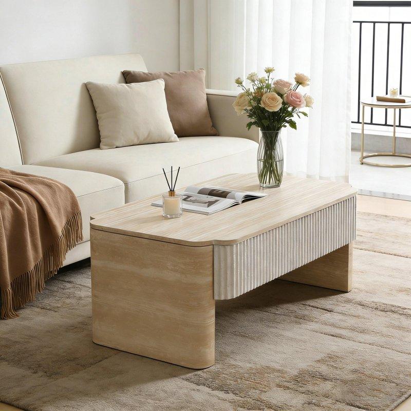 Bej MDF Asansörlü Gizli Bölmeli Yivli Akıllı Sehpa - 100x60 cm - 254246
