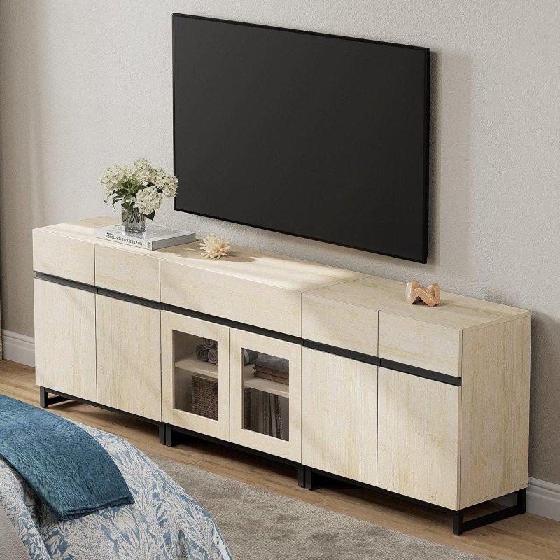Bej MDF Cam Kapaklı Ayarlanabilir Raflı ve Çekmeceli Modern Şifonyer - 308104