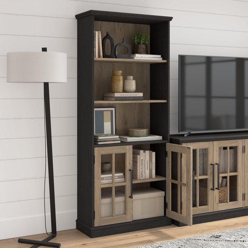 Bej MDF Country Tarzı 5 Raflı Cam Kapaklı Kitaplık - 239313