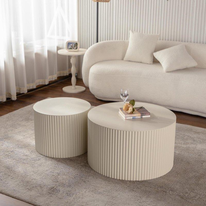 Bej MDF Dalga Desenli Zigon Yuvarlak Orta Sehpa Seti 2li - 239625