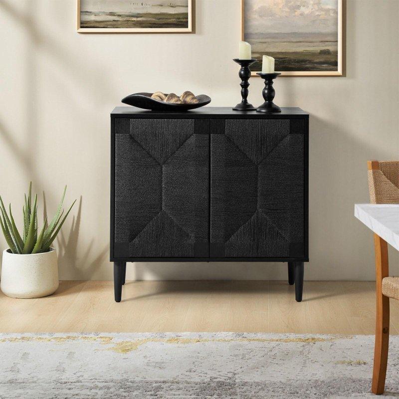 Bej MDF Kağıt İp Örgü Kapaklı Bas-Aç Sistemli Bohem Konsol - 82x41x78 cm - 325525
