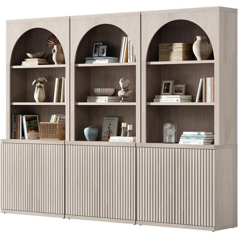 Bej MDF Kemerli Yivli Dolaplı Kitaplık - 198 cm - 317341