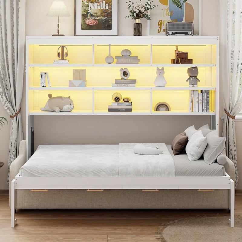 Bej MDF Koltuklu Raflı ve LED Aydınlatmalı Duvar Yatağı - 262761