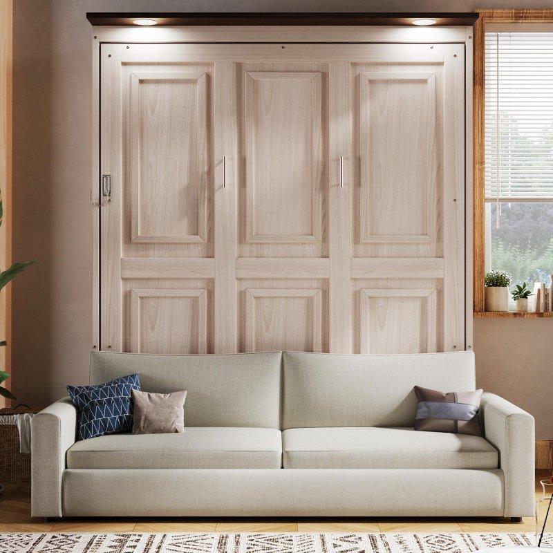 Bej MDF LED Aydınlatmalı Katlanır Koltuklu Duvar Yatağı - 171x223 cm - 262041