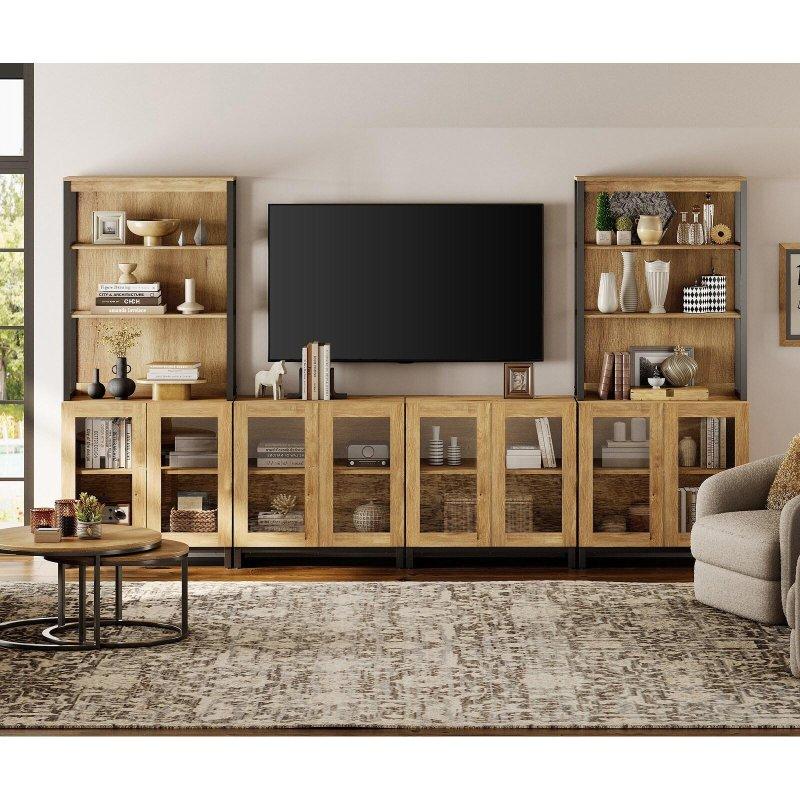 Bej MDF Metal Ayaklı 3 Raflı ve 4 Dolaplı Cam Kapaklı Kitaplık - 186 cm - 239156