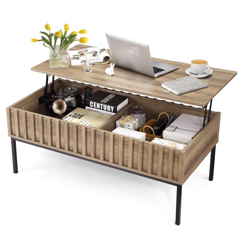 Bej MDF Metal Ayaklı Asansörlü 2 Gizli Bölmeli Akıllı Sehpa - 110x56x46 cm - 253482
