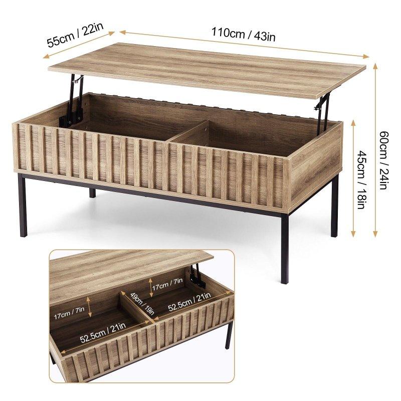 Bej MDF Metal Ayaklı Asansörlü 2 Gizli Bölmeli Akıllı Sehpa - 110x56x46 cm - 253482