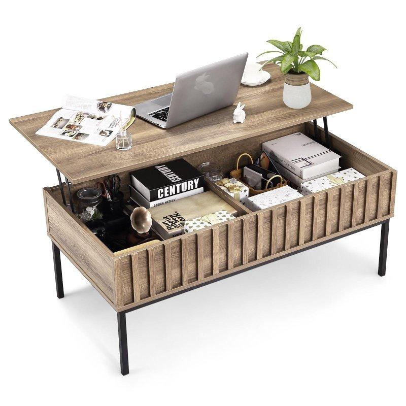 Bej MDF Metal Ayaklı Asansörlü 2 Gizli Bölmeli Akıllı Sehpa - 110x56x46 cm - 253482
