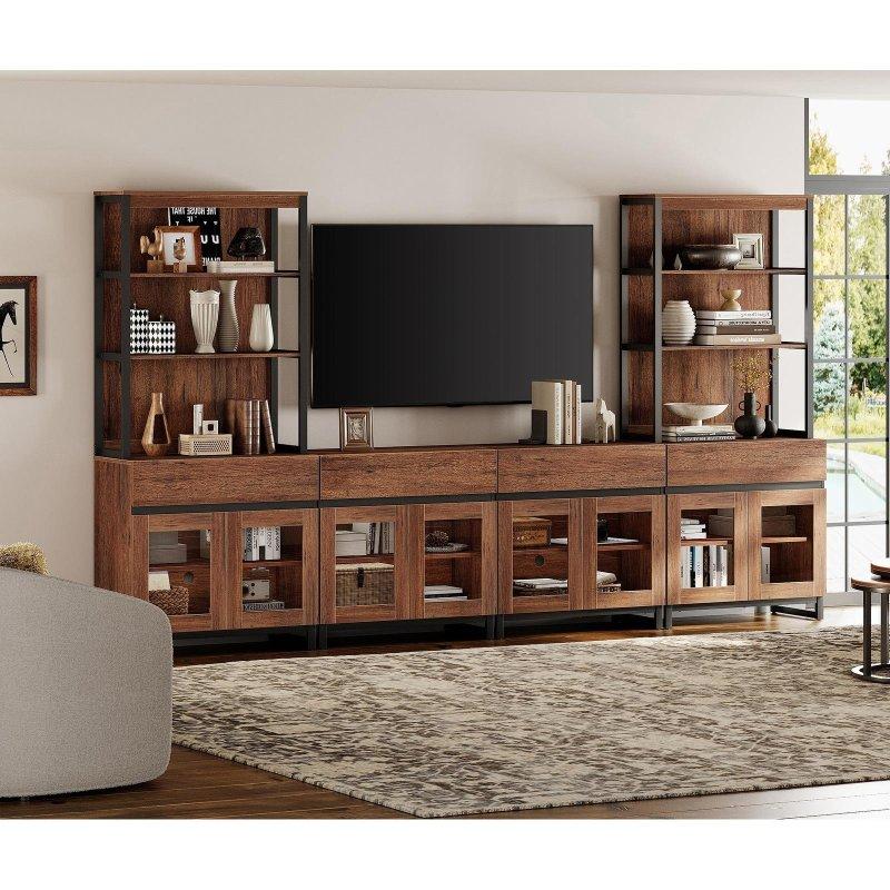 Bej MDF Metal Ayaklı Ayarlanabilir Raflı 4 Kapaklı Cam Kapaklı Kitaplık - 186 cm - 239108