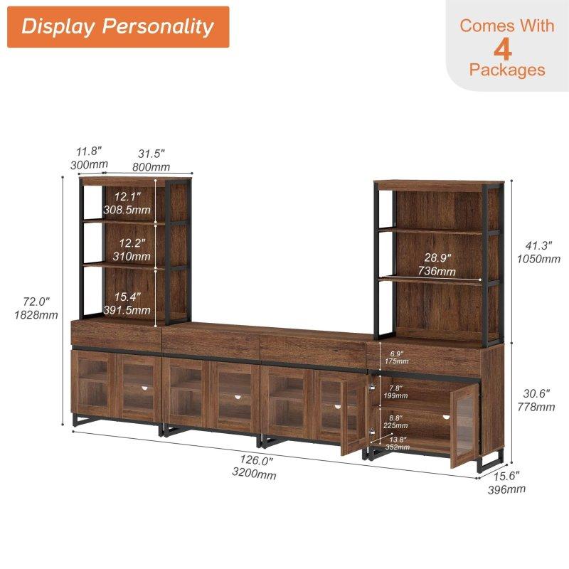 Bej MDF Metal Ayaklı Ayarlanabilir Raflı 4 Kapaklı Cam Kapaklı Kitaplık - 186 cm - 239108