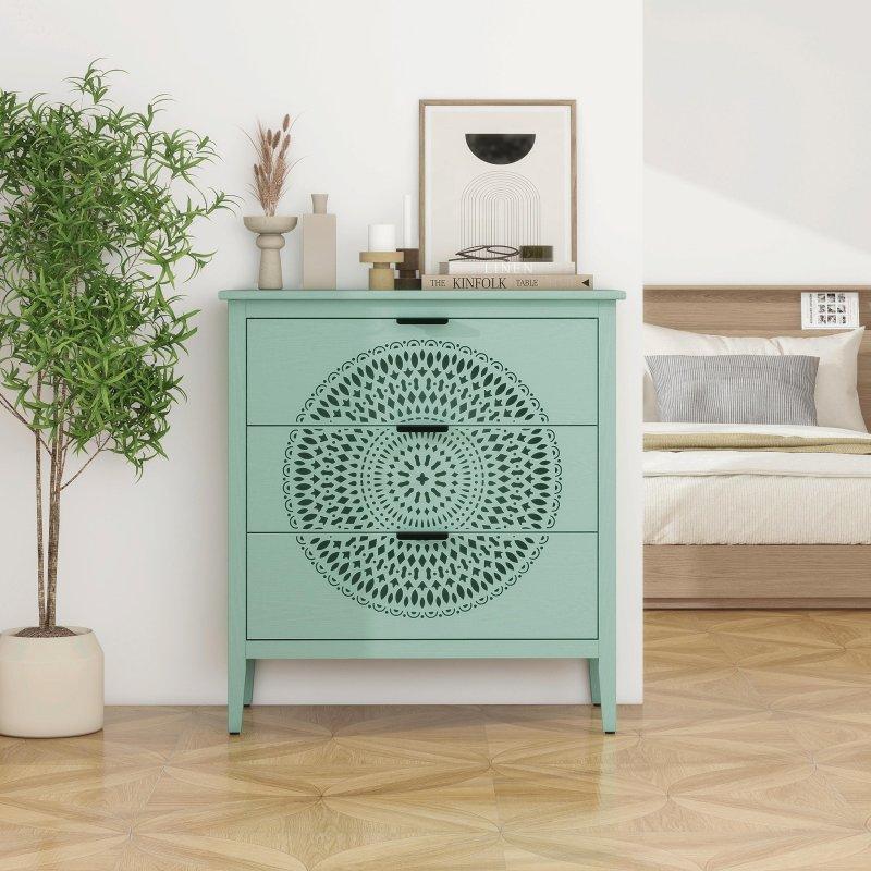 Bej MDF Oyma Desenli 3 Çekmeceli Şifonyer - 81x87x38 cm - 307522