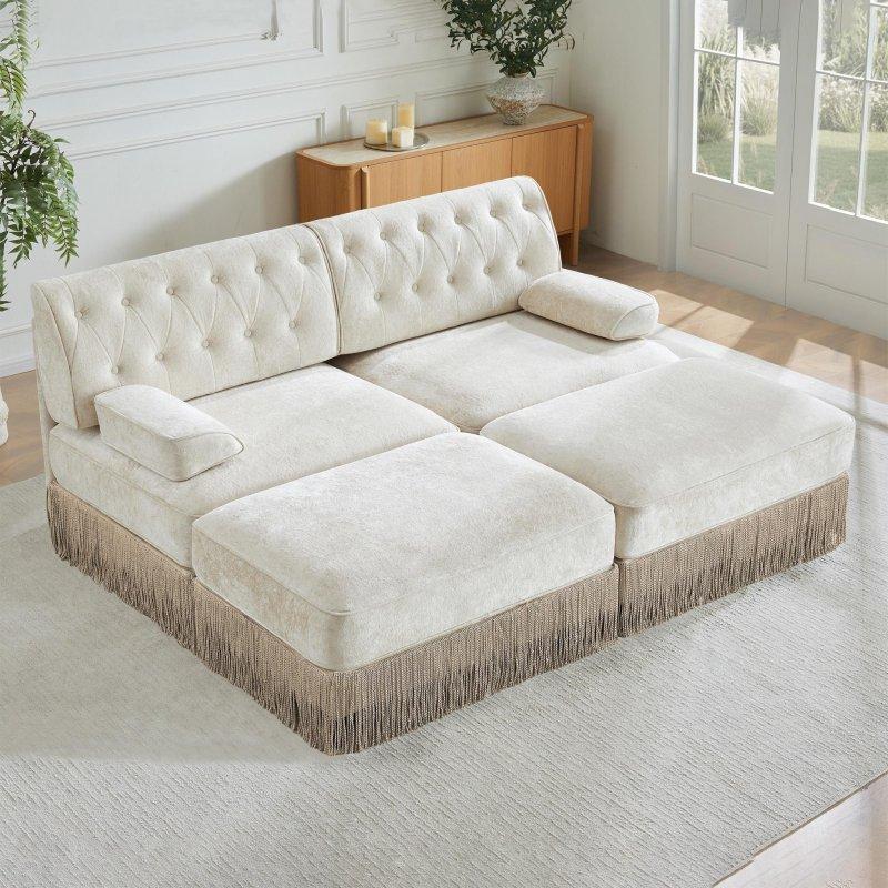 Bej MDF Püsküllü Etekli Modüler Puflu Chesterfield Bohem Koltuk - 195x154 cm - 291496
