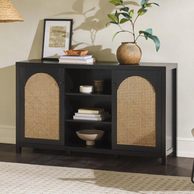 Bej MDF Rattan Kemerli 2 Kapaklı ve Açık Raflı Bohem Konsol - 148 cm - 325154