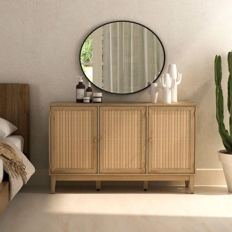Bej MDF Sentetik Rattan Gold Kulplu Ayarlanabilir Raflı Bohem Konsol - 127 cm - 325242