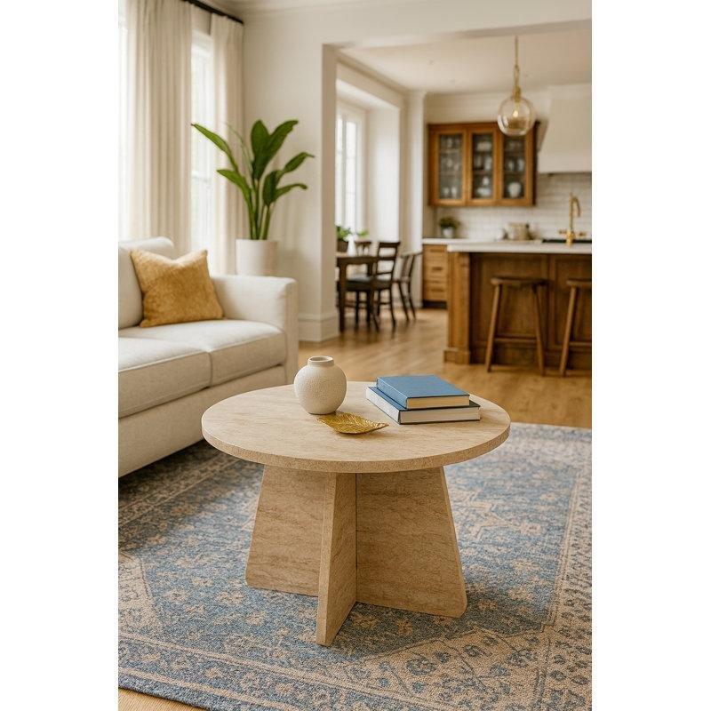 Bej MDF Traverten Tasarımlı Çapraz Ayaklı Yuvarlak Orta Sehpa - 72x42 cm - 244749