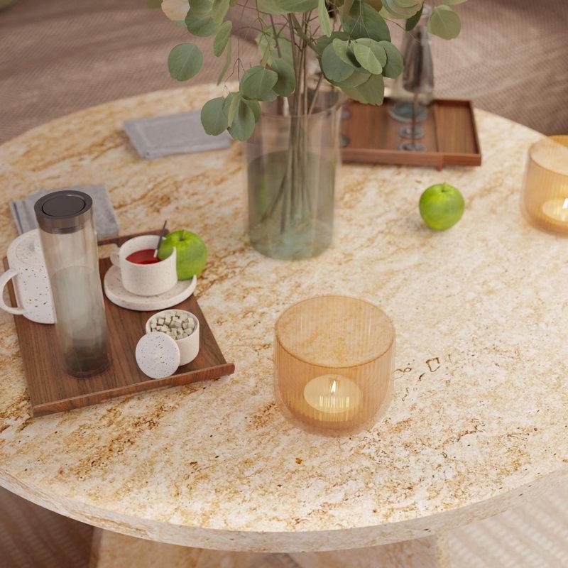 Bej MDF Traverten Tasarımlı Çapraz Ayaklı Yuvarlak Orta Sehpa - 72x42 cm - 244749