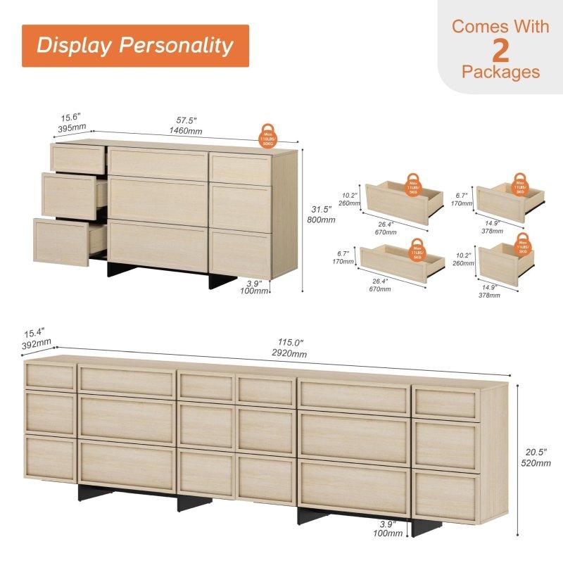 Bej MDF ve Ahşap T Ayaklı 9 Çekmeceli Kabinli Modern Şifonyer - 296444
