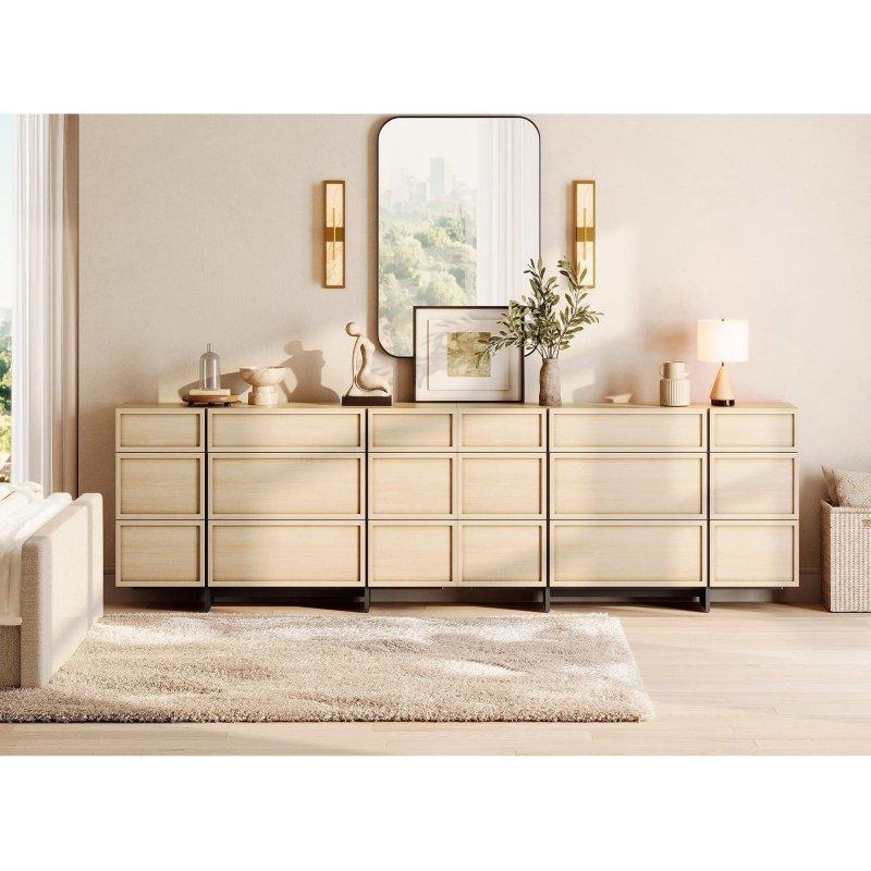 Bej MDF ve Ahşap T Ayaklı 9 Çekmeceli Kabinli Modern Şifonyer - 296444
