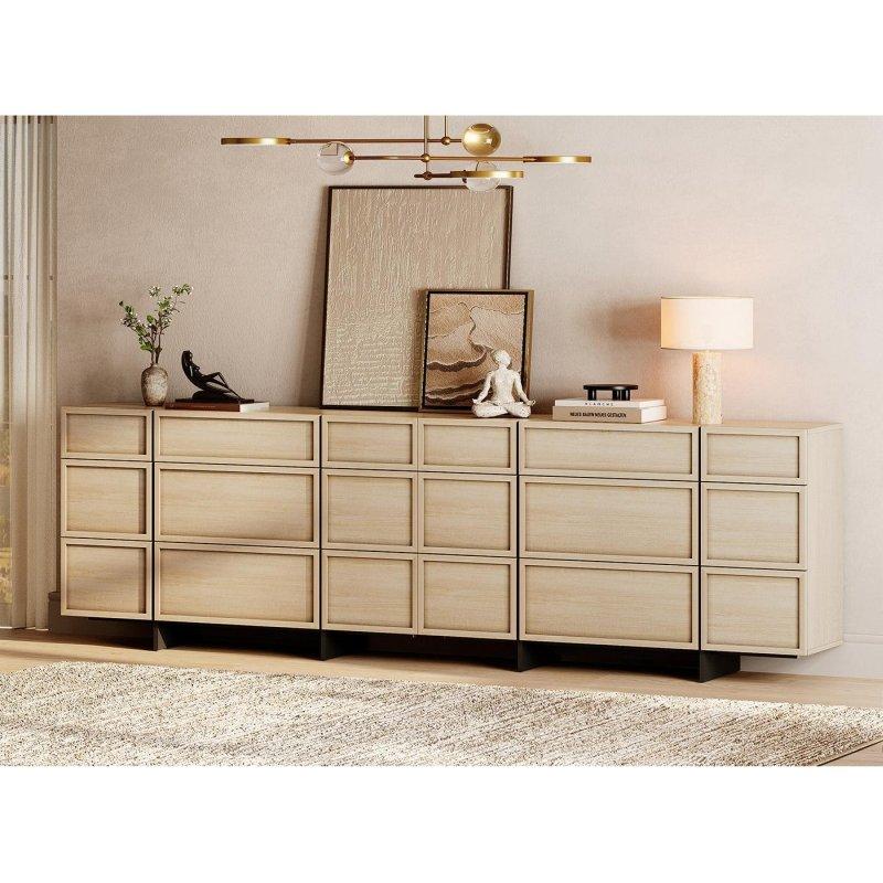 Bej MDF ve Ahşap T Ayaklı 9 Çekmeceli Kabinli Modern Şifonyer - 296444