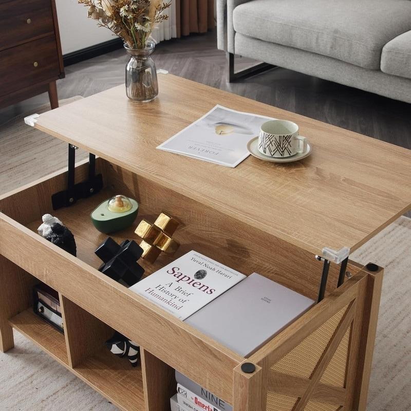 Bej MDF ve Bambu Rattan Yükseltilebilir Gizli Bölmeli Akıllı Sehpa - 97x49x47 cm - 253384