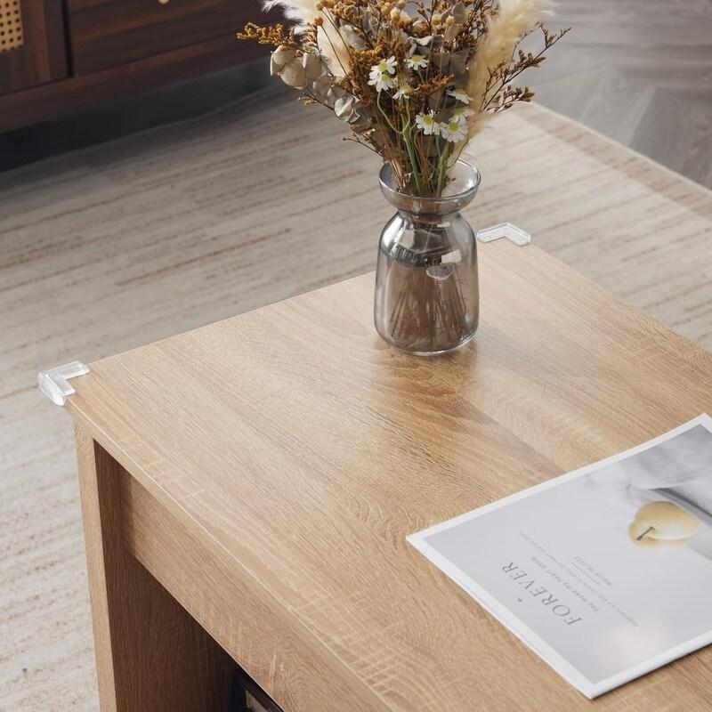 Bej MDF ve Bambu Rattan Yükseltilebilir Gizli Bölmeli Akıllı Sehpa - 97x49x47 cm - 253384