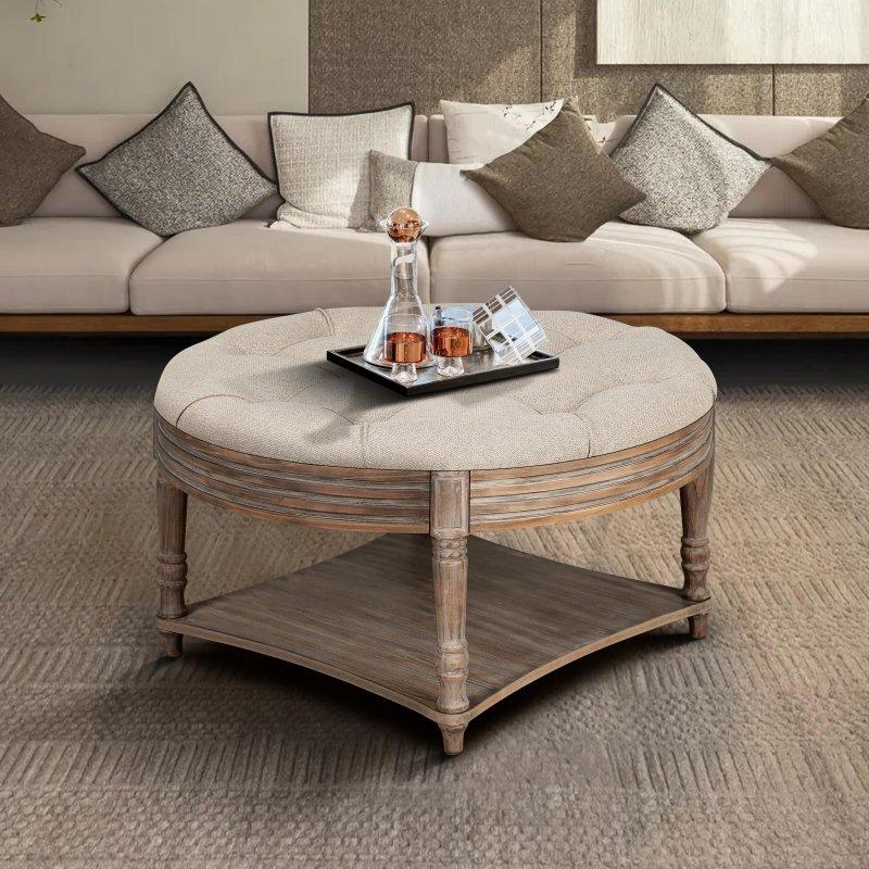 Bej MDF ve Masif Ahşap Raflı Yuvarlak Orta Sehpa - 81x47 cm - 240076