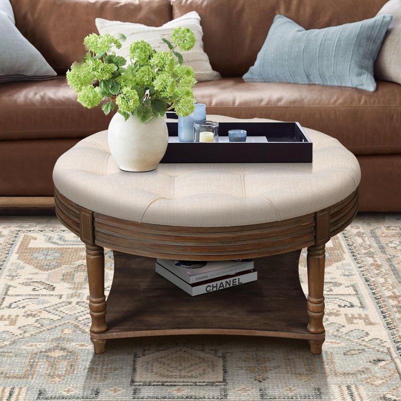 Bej MDF ve Masif Ahşap Raflı Yuvarlak Orta Sehpa - 81x47 cm - 240076