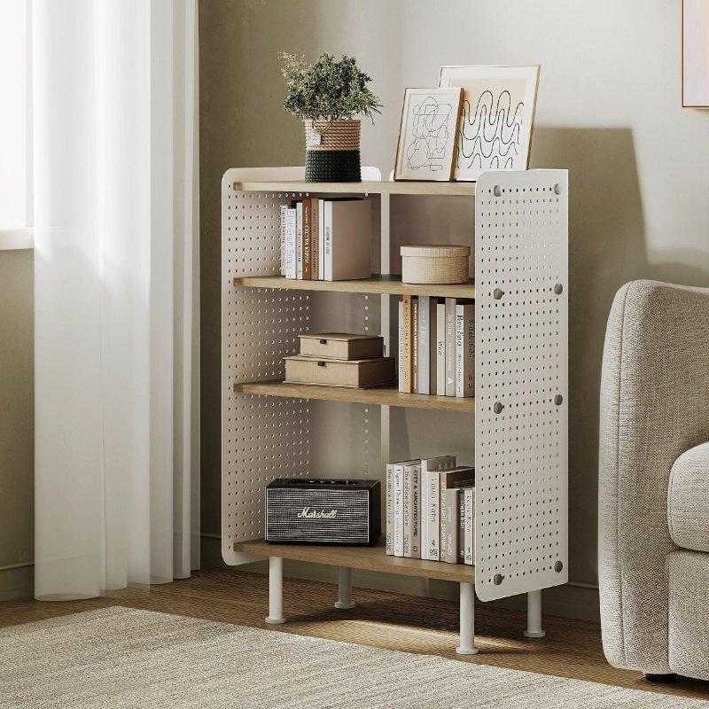 Bej MDF ve Metal Yan Panolu Ayarlanabilir 4 Raflı Kitaplık - 62x32x86 cm - 314751