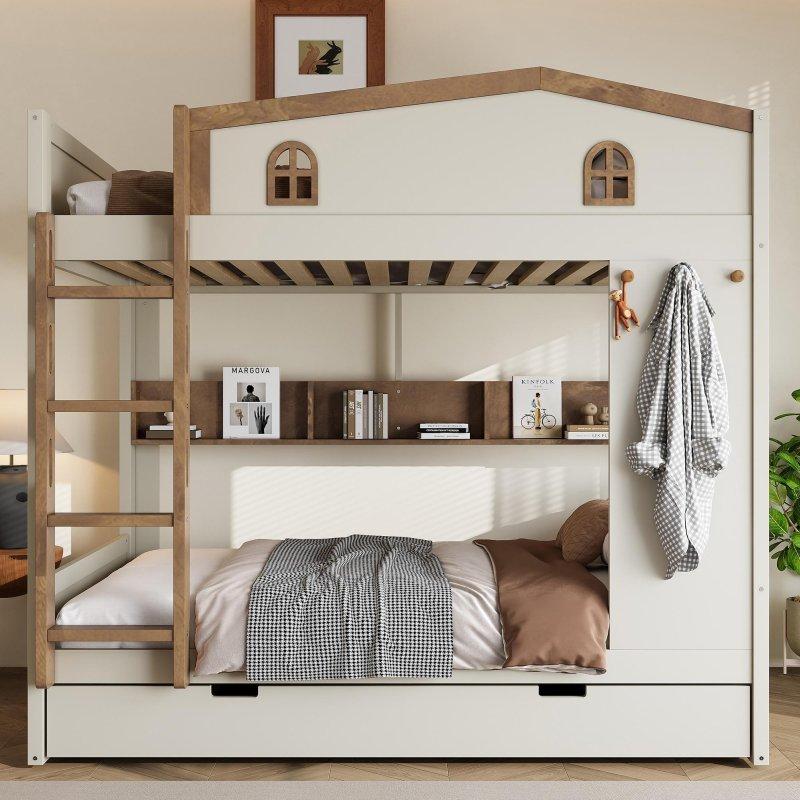 Bej MDF Yavru Yataklı Raflı ve Askılı Ranza - 197x145 cm - 249521