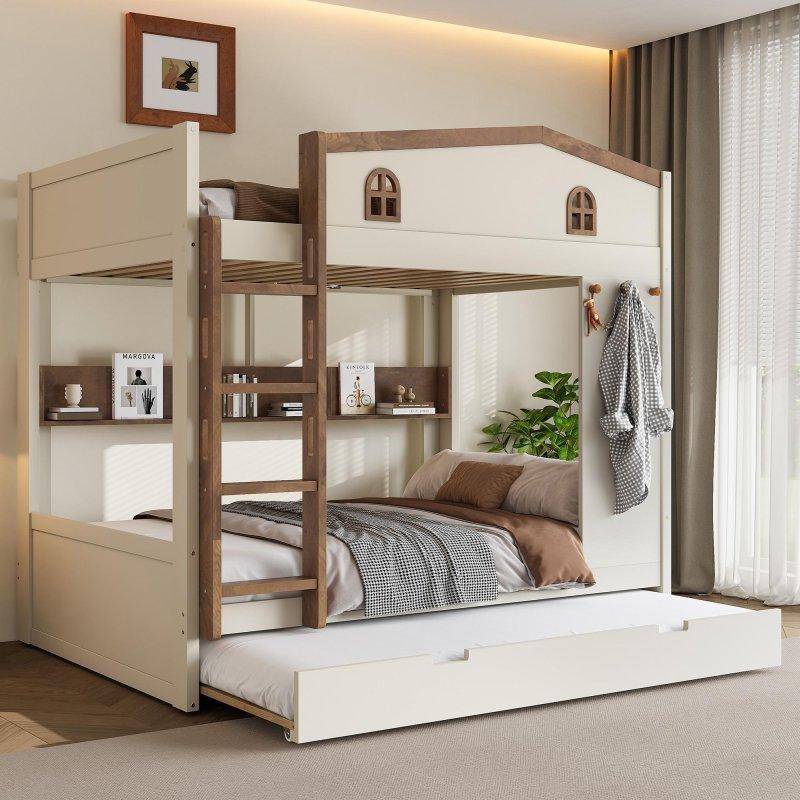 Bej MDF Yavru Yataklı Raflı ve Askılı Ranza - 197x145 cm - 249521