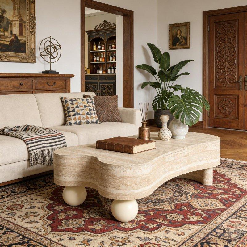 Bej MDF Yivli Gizli Bölmeli Akıllı Sehpa - 120x56 cm - 253591