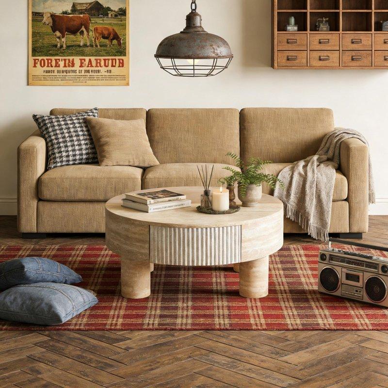 Bej MDF Yivli Tasarımlı Kaldırılabilir Tablalı Yuvarlak Orta Sehpa - 81x36 cm - 243139