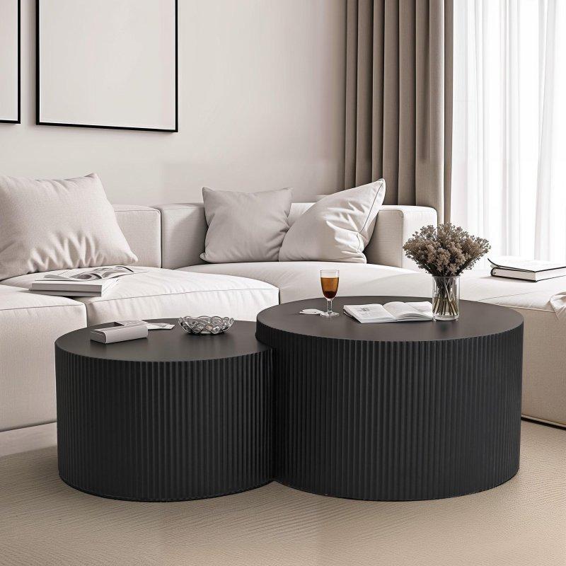 Bej MDF Zigon 2li Set Şerit Desenli Yuvarlak Orta Sehpa - 242224