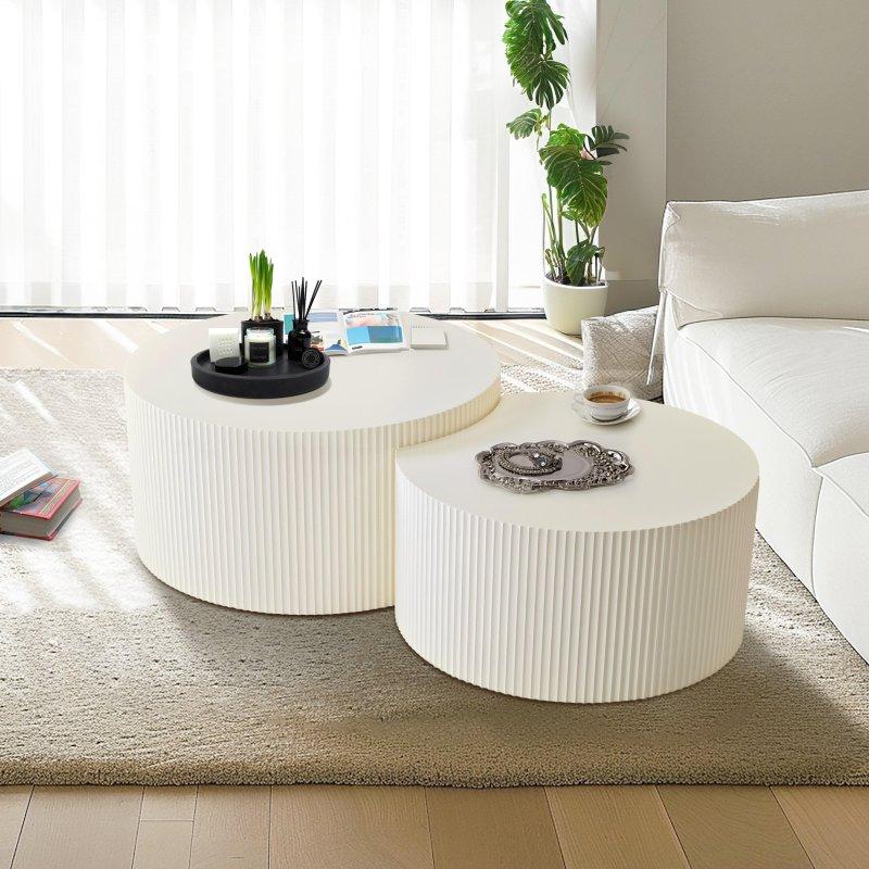 Bej MDF Zigon 2li Set Şerit Desenli Yuvarlak Orta Sehpa - 242224