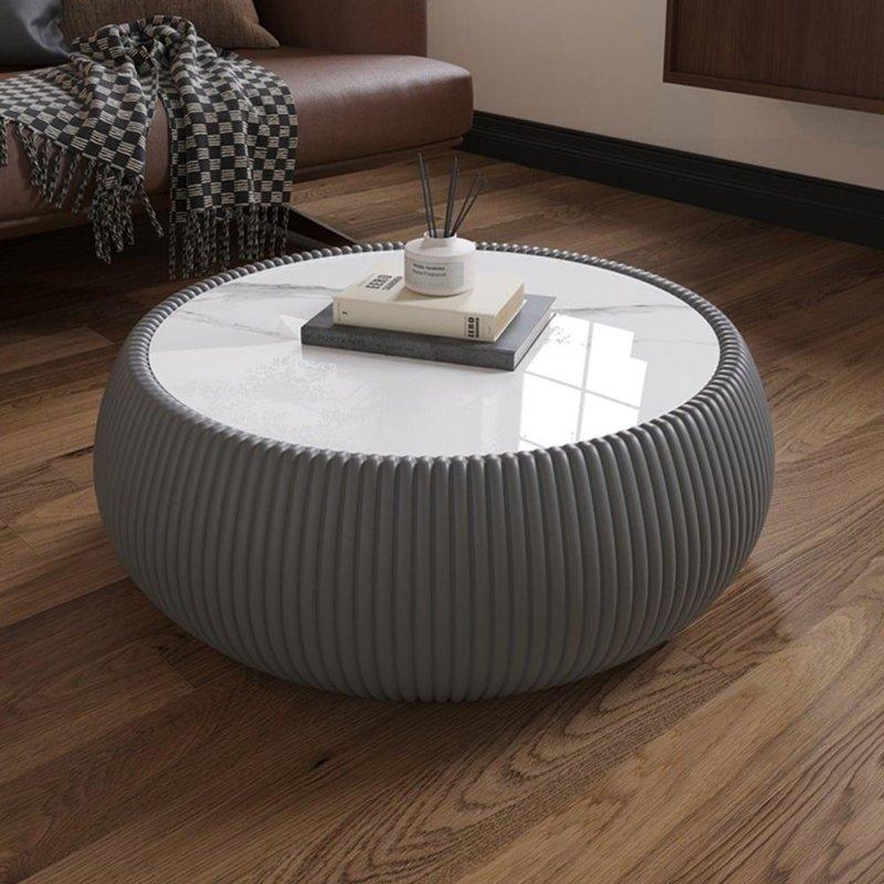 Bej Mermer Tablalı Suni Deri Kaplama Tambur Yuvarlak Orta Sehpa - 70 cm - 241285