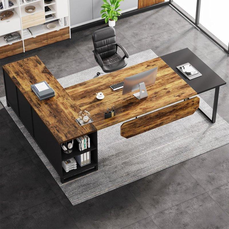 Bej Metal Ayaklı L Tipi Dosya Dolaplı Ofis Masası - 181 cm - 327562