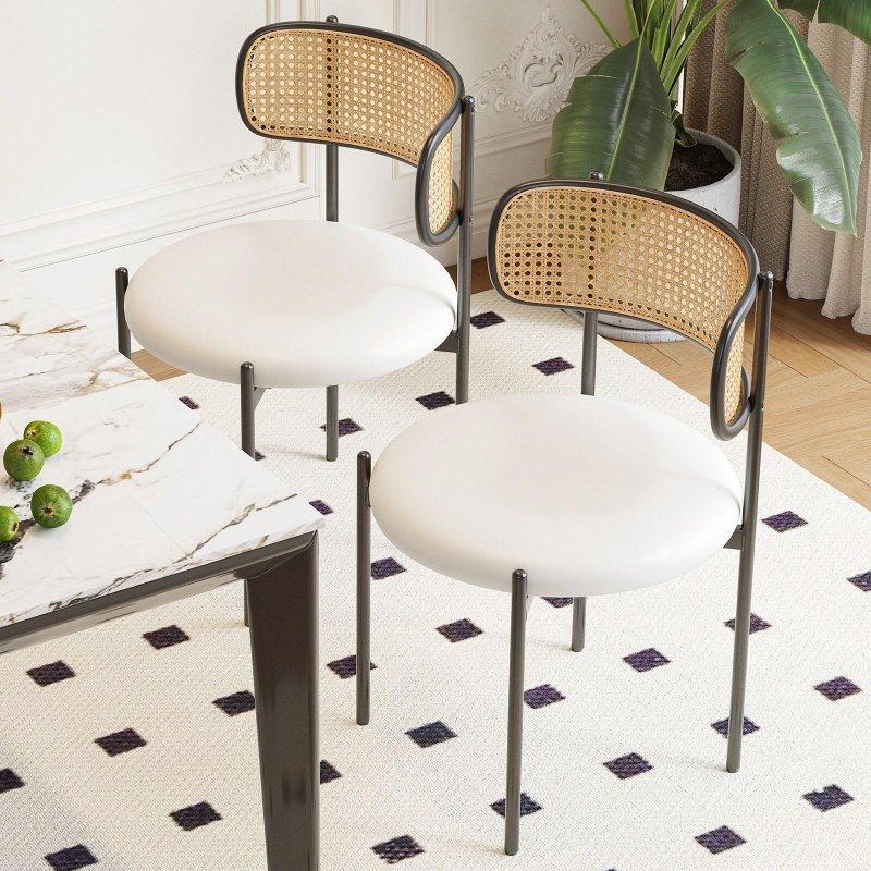 Bej Metal Ayaklı PU Deri Döşemeli 4lü Set Rattan Sandalye - 251943