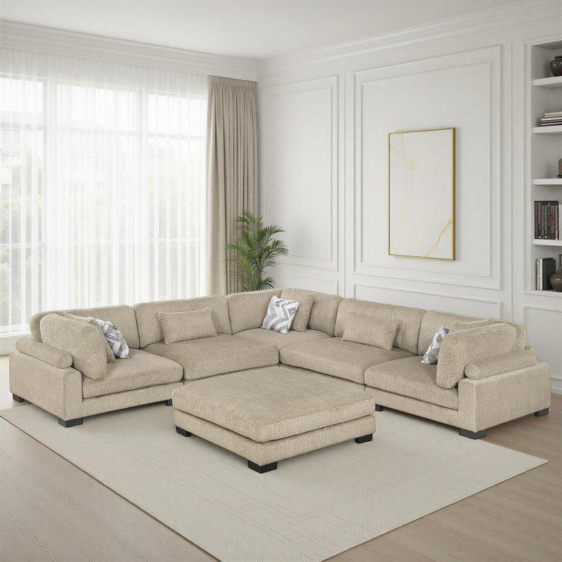 Bej Mikro Kumaş Modüler Puflu 6 Parça Köşe Koltuk - 343x343 cm - 255810