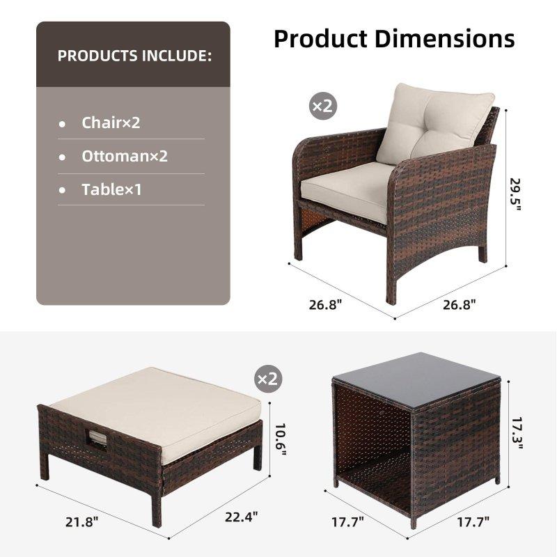 Bej Minderli Demir Rattan Puflu 5 Parça Bahçe Takımı - 275560