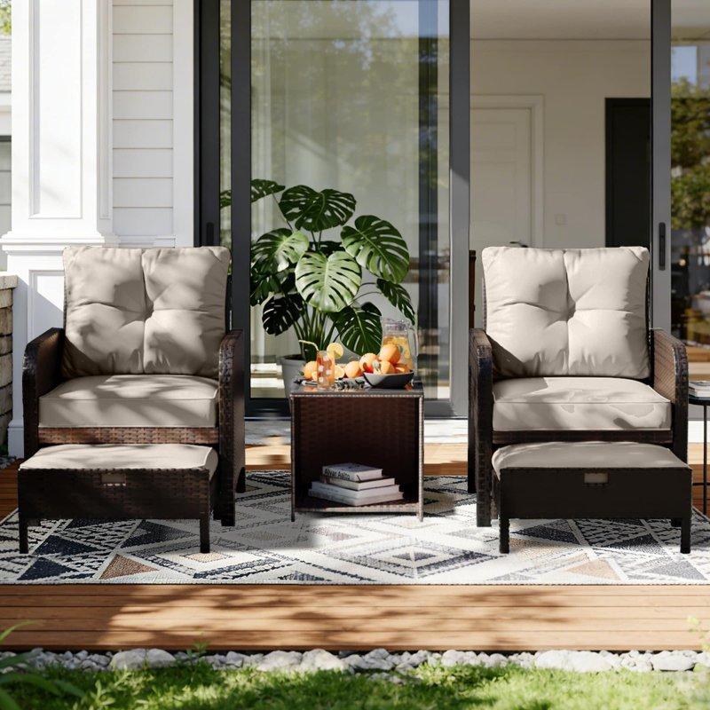 Bej Minderli Demir Rattan Puflu 5 Parça Bahçe Takımı - 275560
