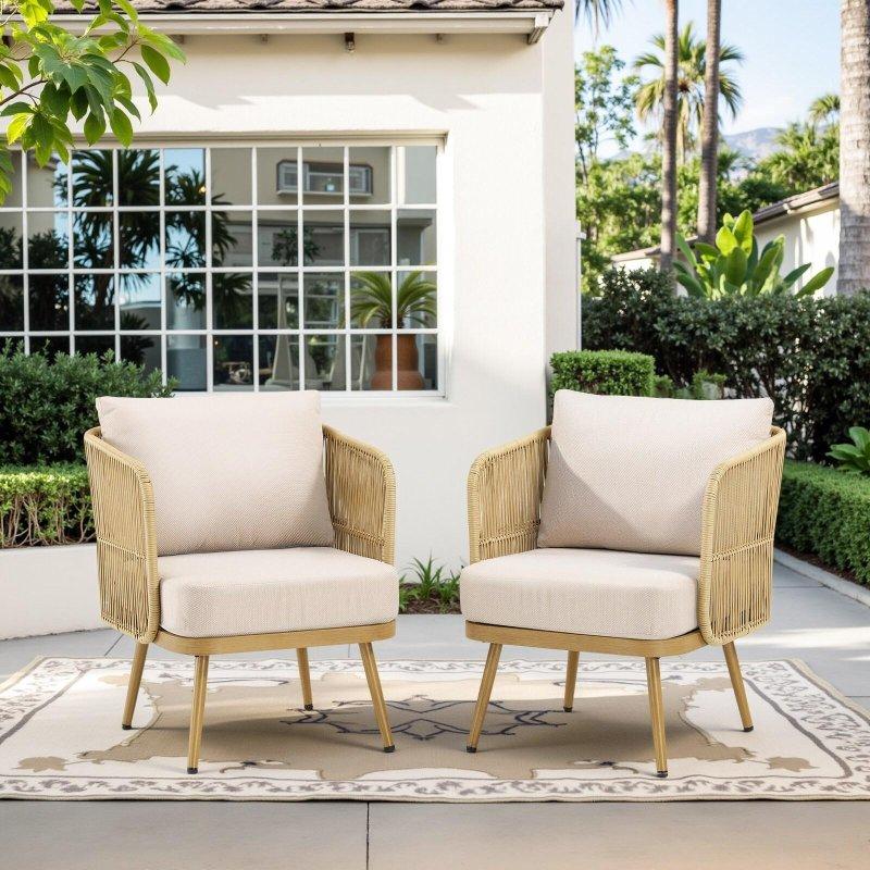 Bej Minderli Fıçı Tasarım 2li Set Rattan Sandalye - 68x89x76 cm - 251873
