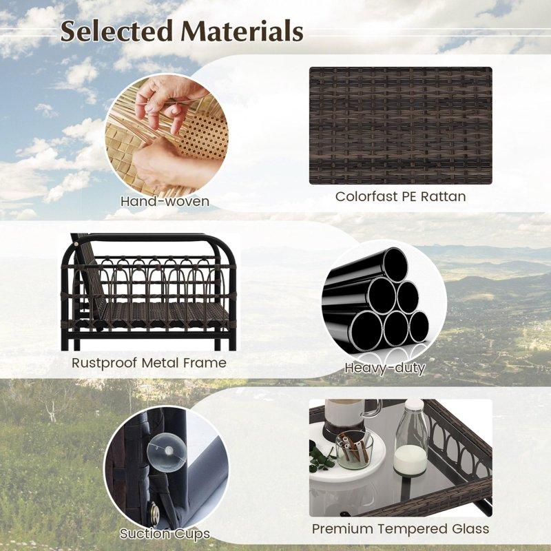 Bej Minderli Kahverengi El Örgüsü PE Rattan Metal Bahçe Takımı - 276926