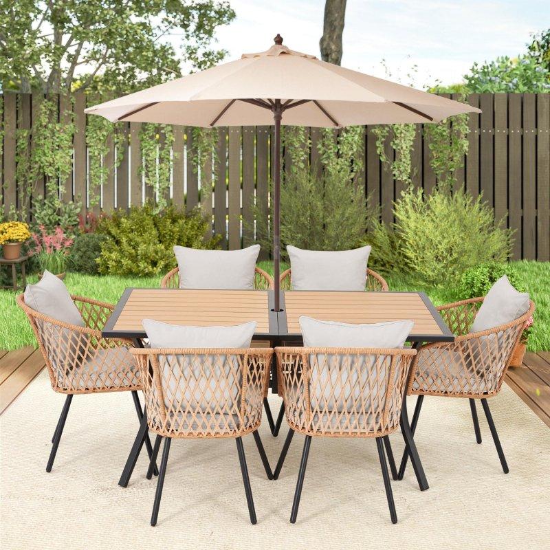 Bej Minderli Kahverengi Metal Şemsiye Delikli 6 Kişilik Rattan Sandalye Takımı - 252922