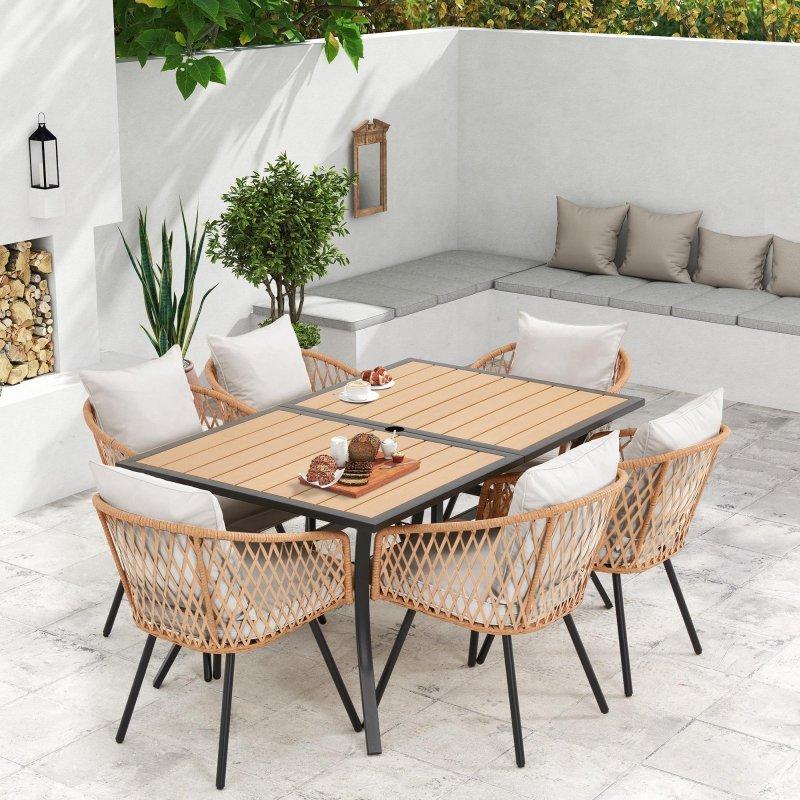 Bej Minderli Kahverengi Metal Şemsiye Delikli 6 Kişilik Rattan Sandalye Takımı - 252922 Bej Minderli Kahverengi Metal Şemsiye Delikli 6 Kişilik Rattan Sandalye Takımı - 252922