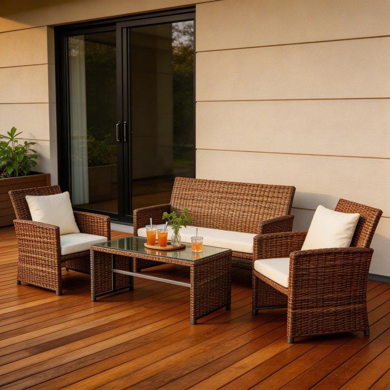 Bej Minderli Kahverengi Rattan 4 Parça Bahçe Takımı - 270722